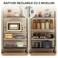 HOMCOM Cărucior multifuncțional cu 4 niveluri, cu 2 rafturi reglabile și margini ridicate, din oțel inoxidabil, 60x35x100 cm(m-5)