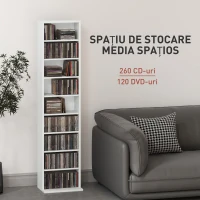 HOMCOM Raft pentru CD-uri cu 6 Rafturi Reglabile, Capacitate de 260 CD-uri/120 DVD-uri, 33x24x140 cm, Alb(m-4)