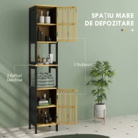 HOMCOM Dulap de baie cu șipci, 2 rafturi deschise și 2 dulapuri, din MDF și bambus, 32x30x172 cm, negru și culoare lemn(m-8)