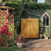 Outsunny Magazie de Gradina din Lemn cu 2 Usi cu Taburet Inalt cu 2 Rafturi si Acoperis Hidrofug, 140x75x157 cm(m-10)