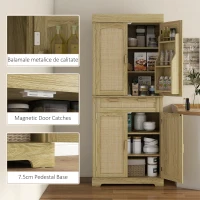 HOMCOM Bufet de Bucătărie Stil Boho cu 2 Dulapuri, Sertar și Suport pentru Condimente din Lemn și Ratan, 76x40x183cm, Stejar(m-9)