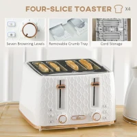 HOMCOM 1.7L 3000W Fast Boil Kettle & 4 Slice Toaster Set, Kettle and Toaster Set with 7 Browning Controls, Crumb Tray, White(m-5)