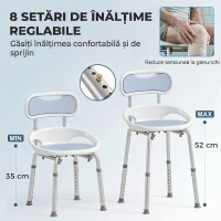 HOMCOM Scaun de Duș cu Spătar și Șezut Perforat, 8 Niveluri Reglabil, Antiderapant, 49,5 x 54 x 92 cm, Albastru(m-7)