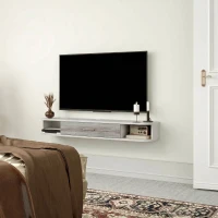 HOMCOM Dulap TV Suspendat din Lemn cu 2 Rafturi Deschise și Dulap, 120x26x16 cm, Alb și Gri(m-8)