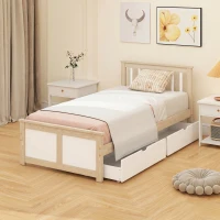 HOMCOM Pine Storage Bed, 3ft Single Solid Wooden Bed Frame with Drawers, Headboard, Wood Slat Support, Natural Wood Finish(m-9)