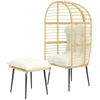 Outsunny Gartensessel mit Hocker PE Rattan Ei-Form Korbsessel mit langen & dicken Kissen Metallrahmen Beige(m-11)