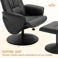 HOMCOM Fotoliu Relax Rotativ 360° din Metal și Piele Sintetică, cu Suport pentru Picioare, Spătar Reglabil, Negru(m-5)