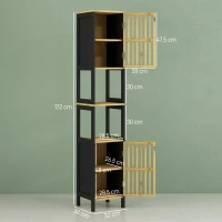 HOMCOM Dulap de baie cu șipci, 2 rafturi deschise și 2 dulapuri, din MDF și bambus, 32x30x172 cm, negru și culoare lemn(m-3)
