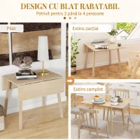 HOMCOM Masă Pliabilă Compactă cu 2 Extensii pentru 2-4 Persoane, din Lemn de Pin, Culoare Lemn Natural(m-4)