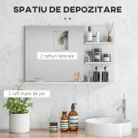 kleankin Oglindă de baie montată pe perete cu 2 rafturi laterale și raft inferior, din MDF și sticlă, 75x10x48 cm, alb(m-4)