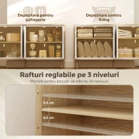 HOMCOM Bufet Modern cu 4 Uși și Raft Reglabil, 141x35x77 cm, Alb Lucios și Stejar(m-5)