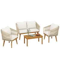 Outsunny Salon de Jardin 4 Pièces, Ensemble en Corde Tressée avec Structure en Acier et Bois d'Acacia, Coussins, Blanc Crème(m-16)