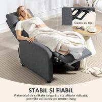 HOMCOM Fotoliu Relax Capitovat și Reclinabil la 135° cu Suport pentru Picioare din Material Textil, 69x87x100,5 cm, Gri(m-7)