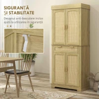 HOMCOM Bufet de Bucătărie Stil Boho cu 2 Dulapuri, Sertar și Suport pentru Condimente din Lemn și Ratan, 76x40x183cm, Stejar(m-8)