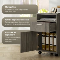 HOMCOM Comodă pentru documente pe 4 roți cu raft deschis și sertare, din lemn și metal, 40x35x60 cm, gri(m-4)