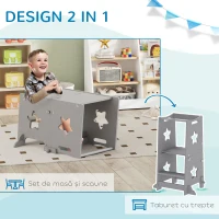 AIYAPLAY Scară Montessori Convertibilă în Set de Masă și Scaune cu Bară de Siguranță, din Lemn, 60x44.5x86 cm, Gri(m-5)