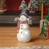HOMCOM Weihnachtsdeko, Schneemann mit Vogel, 4 warmweiße LEDs, batteriebetrieben, 25 x 15,5 x 38 cm(m-10)