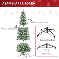 HOMCOM Brad de Crăciun Înzăpezit de 180 cm cu 630 de Ramuri și 37 de Conuri, din Plastic și Metal, Verde și Alb(m-6)