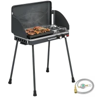 Outsunny Tragbarer Gasgrill 2 Brenner 7 kW 2-in-1 Tischgrill mit Braten klappbar Beinen Grillrost Windschutz Deckel Verschluss(m-12)