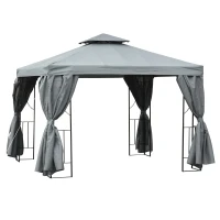 Outsunny Cenador de Jardín 3x3 m Pabellón para Exterior con Doble Techo de Ventilación y 4 Cortinas Laterales Extraíbles de Cremallera Gazebo para Terraza Patio Exterior Gris(m-11)