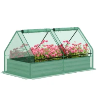 Outsunny Metal Planter Box with Cover, Raised Garden Bed with Greenhouse, for Herbs and Vegetables, Green and Dark Grey(m-11)