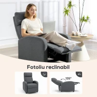 HOMCOM Fotoliu Relax Capitovat și Reclinabil la 135° cu Suport pentru Picioare din Material Textil, 69x87x100,5 cm, Gri(m-4)