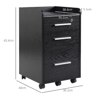 HOMCOM Dulap Portadocumente din Lemn cu 3 Sertare cu Chei de Securitate și 5 Roți, 39.2x40x65.4 cm, Negru(m-3)