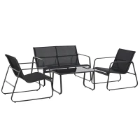 Outsunny Set Salotto da Giardino da 4 Pezzi, con Divanetto da Esterno a 2 Posti, 2 Sedie e Tavolo da Caffè in Vetro Temperato, Set di Mobili da Giardino in Metallo e Texteline, Nero(m-10)