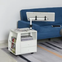 HOMCOM Beistellwagen, Beistelltisch, flexible Tischplatte, 2 Schubladen, Zeitungsfach, 4 Räder, weiß, 60 x 40 x 90cm(m-10)