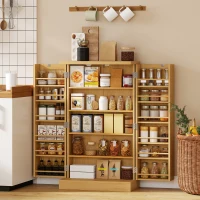 HOMCOM 104 cm Rattan-Küchenschrank mit 5-stufigem Regal, 12 Gewürzfächern und verstellbaren Böden, Natur(m-2)