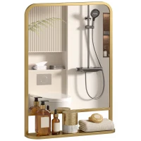 HOMCOM Modern Rectangular Wall Mirror with Storage Shelf, 70 x 50 cm, Gold Tone(m-14)