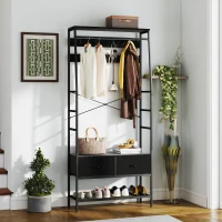 HOMCOM Garderobenständer mit Schuhregal, Kleiderständer im Industrie-Design, 2 Stoffschubladen, 8 Haken, Metallrahmen, Schwarz(m-10)