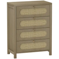 HOMCOM Commode 4 tiroirs meuble de rangement style bohémienne avec portes résine tressée, 70 x 38 x 93 cm, effet bois naturel(m-1)