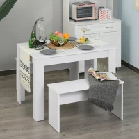HOMCOM Essgruppe mit 2 Bänken, 3-teilige Esszimmergruppe, Küchentisch, Esszimmergarnitur Sitzgruppe Tischgruppe, Weiß, 110x70x75 cm (Tisch), 86x30x44,8 cm (Bank)(m-10)