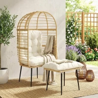 Outsunny Gartensessel mit Hocker PE Rattan Ei-Form Korbsessel mit langen & dicken Kissen Metallrahmen Beige(m-2)