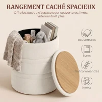 HOMCOM Pouf de Rangement en Chenille avec Couvercle, Tabouret Rond pour Salon et Chambre, Beige(m-5)