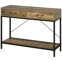 HOMCOM Mesa Consola Industrial Mesa de Sofá com 2 Gavetas e Prateleira para Entrada com Pés de Metal Castanho e Preto(m-11)