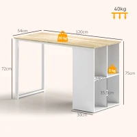 HOMCOM Birou pentru computer, economisire spațiu, cu 4 rafturi deschise, din lemn și oțel, 120x54x75 cm, alb și stejar(m-3)