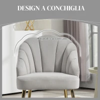 HOMCOM Poltrona in Velluto da Camera e Salotto a Conchiglia Stile Art Deco, Acciaio, 63x65x84 cm, Grigio(m-4)