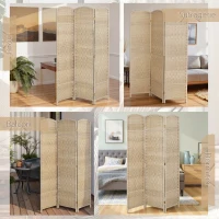 HOMCOM Paravan Interior cu 3 Panouri Pliabil, 135x180 cm, Separatoare Împletit din PP și Lemn de Pin, Stejar(m-7)