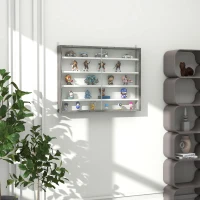 HOMCOM 5-Tier Wall Display Shelf Unit Cabinet w/ 4 Adjustable Shelves Glass Doors Home Office Ornaments 60x80cm Grey Wood Grain(m-2)