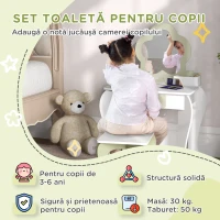 ZONEKIZ Set masă de toaletă pentru fetițe cu oglindă și scaun asortat din lemn, sertar și spații de depozitare, alb(m-4)