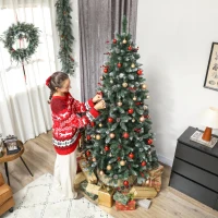 HOMCOM Brad de Crăciun Înalt de 210 cm pentru Interior cu 928 de Ramuri, Conuri și Fructe Roșii, Bază din Metal, Verde(m-8)