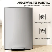HOMCOM Pubelă de Bucătărie cu Pedală 50L, Capac cu Închidere Lentă, Deschidere la 90° și Recipient Detașabil, Oțel Inoxidabil, Gri(m-6)