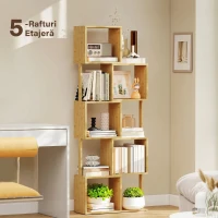 HOMCOM Bibliotecă Modernă Asimetrică cu 5 Rafturi din Bambus, 62,5 x 23 x 165 cm, Culoare Lemn Natural(m-5)