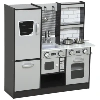 AIYAPLAY Bucătărie de jucărie pentru copii 3-8 ani din lemn cu accesorii, frigider, chiuvetă și butoane cu sunete, maro(m-12)