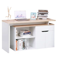 HOMCOM Birou Colțar cu Bibliotecă cu 2 Etajere, Dulap și Sertar, 140x117x76 cm, Culoare Lemn și Alb(m-12)