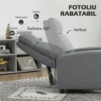 HOMCOM Fotoliu Reclinabil 155° max cu Tapițerie din Material Textil cu Aspect de In, Gri, și Suport pentru Picioare, 67x87x98 cm(m-4)