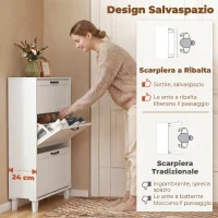 HOMCOM Scarpiera Salvaspazio con 3 Cassetti Ribaltabili e Ripiani Regolabili, 60x24x118 cm, Bianco(m-4)