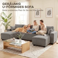 HOMCOM Ecksofa mit Doppel-Chaiselongues, U-förmiges Sofa aus Cordstoff mit breitem und tiefem Sitz, Federkernkissen, Hellgrau(m-6)
